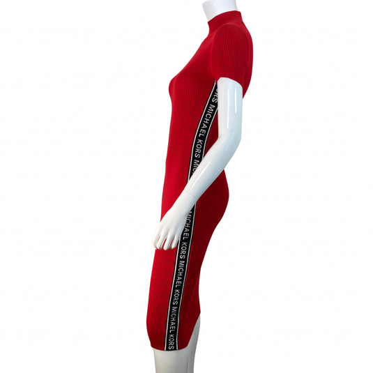 Side MK monogram viewMichael Kors Red Ribbed Bodycon Dress