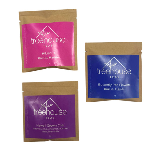 Treehouse Tea 3 pack featuring the flavors: Chai, Hibiscus, Butterfly Pea.