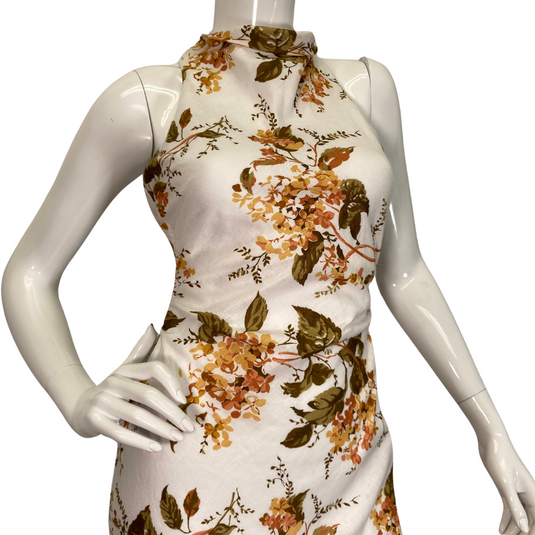 preloved Reformation Floral Linen Maxi Dress is an elegant, sleeveless, high-neck, maxi dress with a beautiful floral print - close up front view