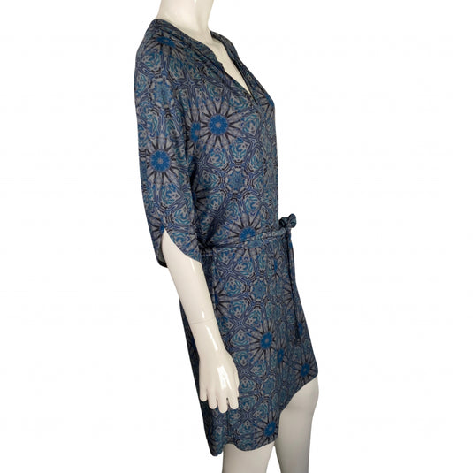 Deborah Viereck 33 Butterflies Blue Kaleidoscope Wrap Dress side view on mannequin