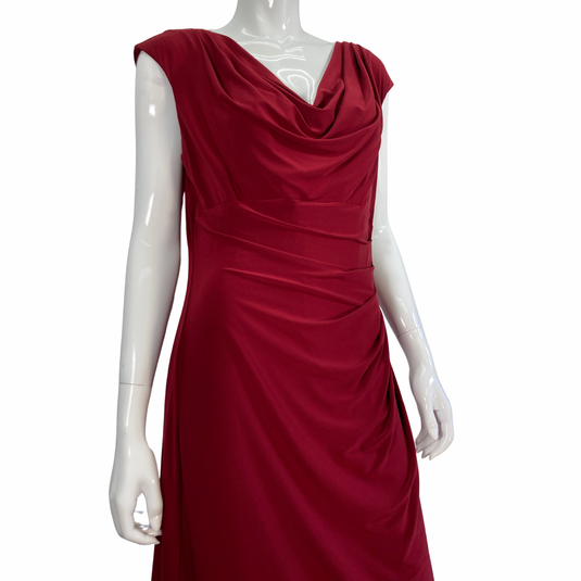 Ralph Lauren Burgundy Dress close up view on free falling neck line and