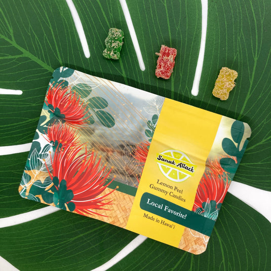 lemon peel gummy candies, sanak attack, gummies from big island wahine vendor, local small businesses hawaii, made in  hawai'i