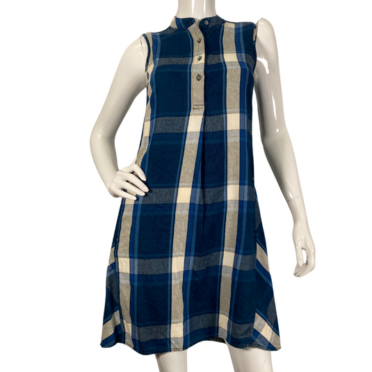 Max Studio Blue Flannel Plaid Dress is a sleeveless plaid dress featuring a blue, beige, and white color scheme - front view
