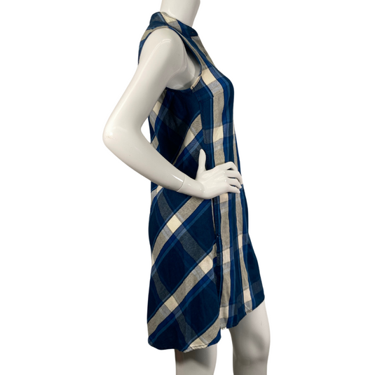 Max Studio Blue Flannel Plaid Dress is a sleeveless plaid dress featuring a blue, beige, and white color scheme - side view