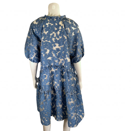Anthropologie Maeve Blue Jacquard Tiered Dress on mannequin back view