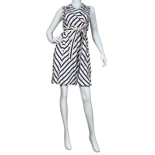 Banana Republic Blue and White Stripped Wrap Dress features a flattering diagonal navy and white stripe pattern with a soft, collared neckline