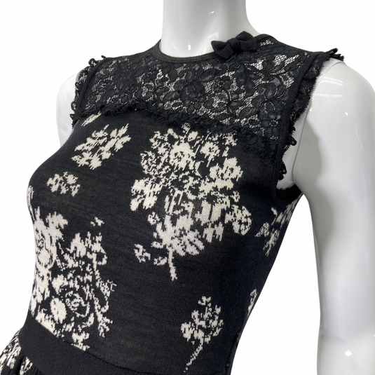 Red Valentino Fit and Flare Black Knitted Dress close up of neckline and lace detail