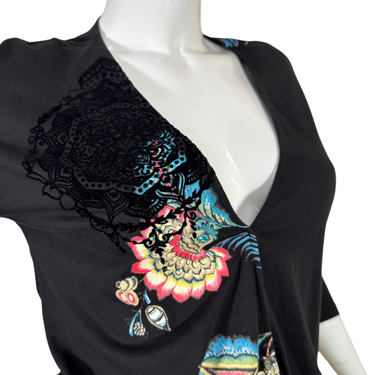 pre-loved Desigual Black Top with Abstract Flowers with a stylish draped design and a flattering V-neckline - close up view