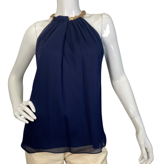 pre-loved Diane Von Furstenberg Silk Navy Blue Blouse with Golden Neck Chain – a chic and elegant sleeveless blouse featuring a flowy chiffon fabric with a gathered neckline and a stylish gold chain accent - front view