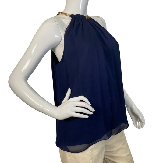 pre-loved Diane Von Furstenberg Silk Navy Blue Blouse with Golden Neck Chain – a chic and elegant sleeveless blouse featuring a flowy chiffon fabric with a gathered neckline and a stylish gold chain accent - side view