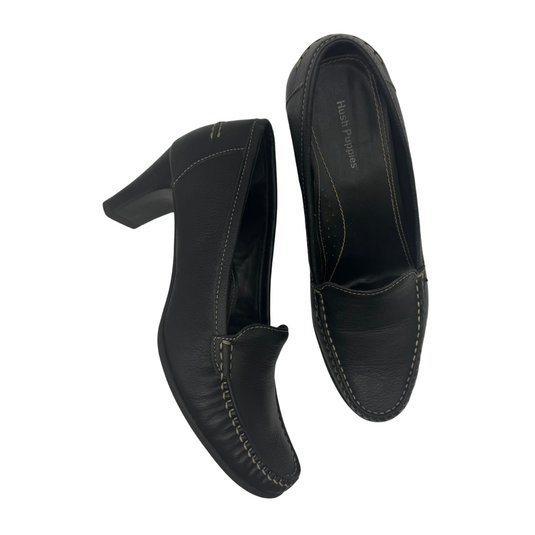 Hush Puppies Madison Black Leather Loafers, still in their original box with packaging - top view