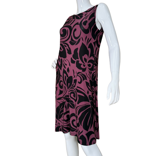 Iolani Muave Dress with Floral Ornaments showcases an eye-catching black swirl print over a deep mauve background