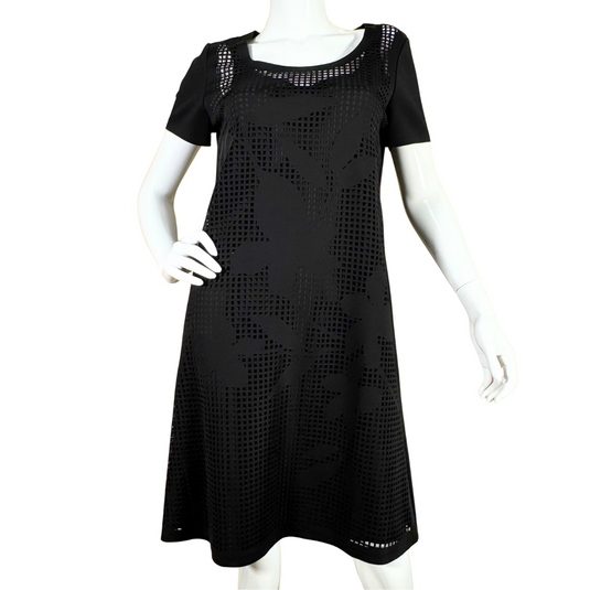 elegant Lafayette 148 Black Dress features a stylish A-line silhouette with a modern laser-cut overlay showcasing a floral pattern