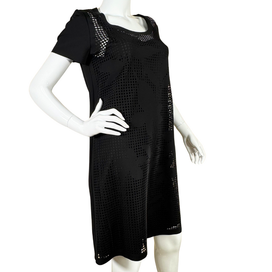 elegant Lafayette 148 Black Dress features a stylish A-line silhouette with a modern laser-cut overlay showcasing a floral pattern