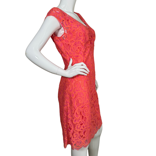 donated Lilly Pulitzer Bright Orange Dress with Orange Lace Overlay with a romantic scalloped neckline and cap sleeves