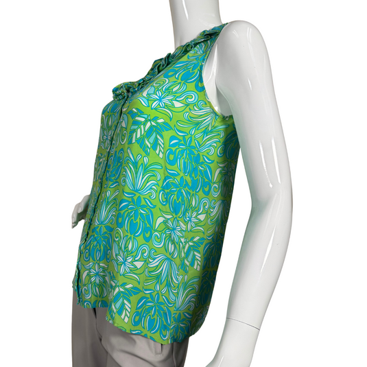 vibrant Lilly Pulitzer Bright Retro Silk Blouse with Ruffle Neckline features a bold green and blue tropical-inspired print, perfect for adding a pop of color to your wardrobe