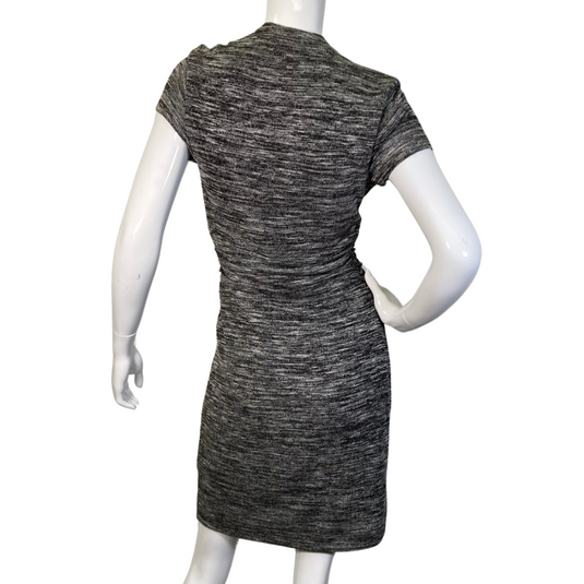 A sleek and stylish Maeve Knitted Dress with V-Neck and Cinched Waist in a textured gray fabric - backside view
