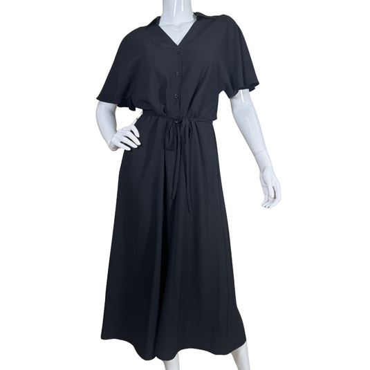 thrifted Nordstorm Black Elegant Causal Button Up Dress features a flattering button-down front with a V-neckline and short flutter sleeves, creating a chic and comfortable silhouette