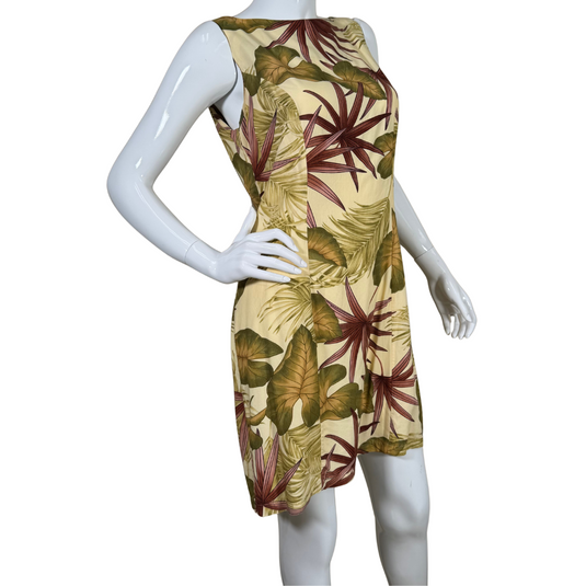 pre-loved Tori Richard Cream Dress Featuring Tropical Motives features a vibrant tropical leaf print in shades of green and deep red on a soft beige background