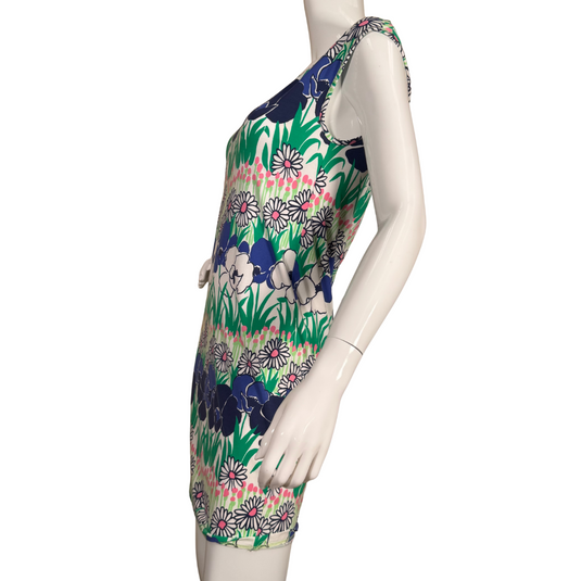vibrant sleeveless pre-loved Tori Richard White Dress with Colorful Aligned Flower Pattern dress features a bold, eye-catching floral print
