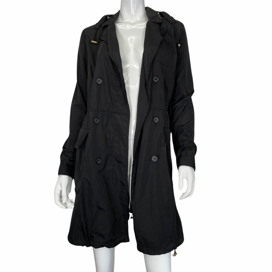 Henri Bendel Black Sleek Trench Raincoat, front view opened buttons