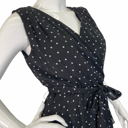 Tahari Black and White Polka Dot Dress is a charming and feminine piece close-up view of V-neck line