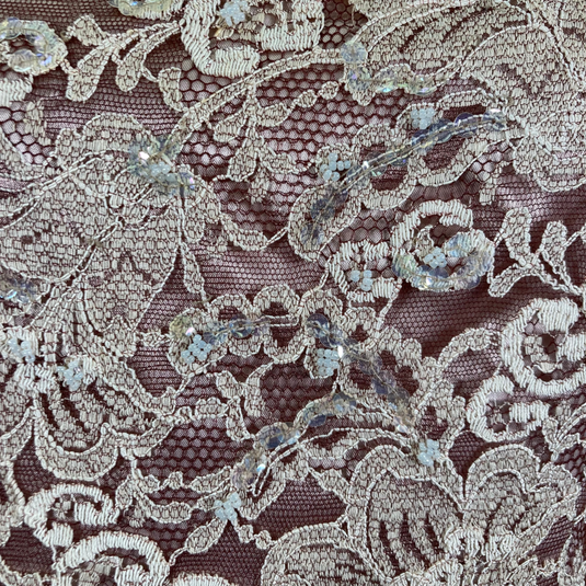 Elegant Vintage Rose Lace Dress detail of the lace fabric with beeds