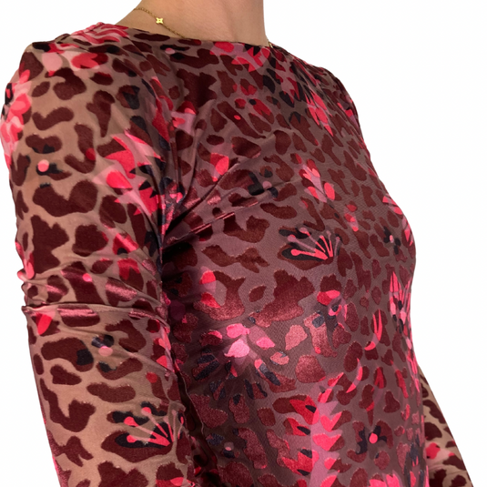 stylish Ted Baker Pink Floral Leopard bodycon dress, features a unique floral and abstract print in shades of pink, burgundy, and brown - side view close up of fabric