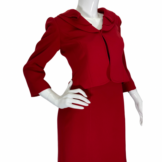 Tahari vibrant Red Dress and chick sophisticated matching Blazer Set close up featuring the blazer