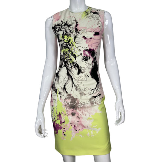 Roberto Cavalli Neon Illustrated Flower Dress on mannequin front view