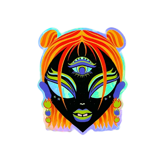 holographic alien sticker, with third eye, funky striped hair, and fiery earrings. This sticker represents the element of fire