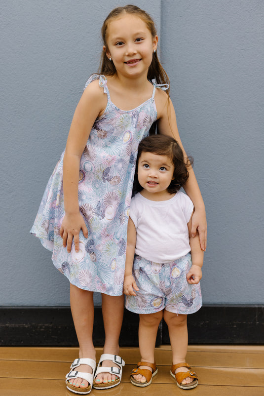 Kūlua ʻOpihi Keiki Tie Dress and Shorties on model little girls