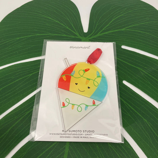 Aloha Christmas Shave Ice Set - ShopYWCA; shave ice ornament on leaf