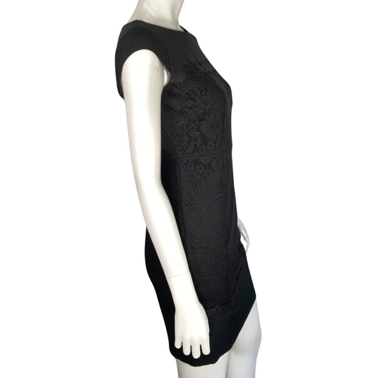 Adrianna Papell Black Lace Sheath Dress on mannequin side view