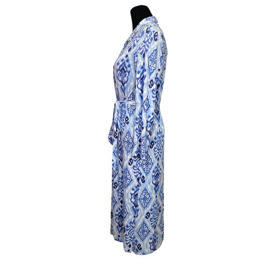 Tori Richard Blue Ikat Belted Dress side view