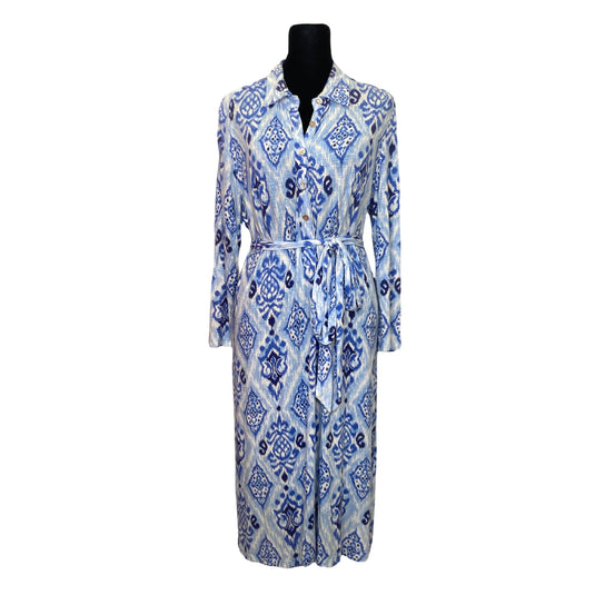Tori Richard Blue Ikat Belted Dress front view