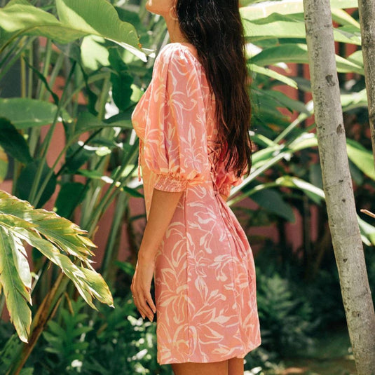 Model wearing the Yireh Lennox Dress in Petal side view