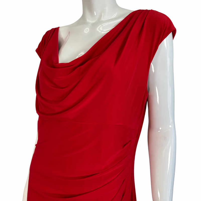 Load image into Gallery viewer, Ralph Lauren Stunning Red Dress close up of free falling neck line
