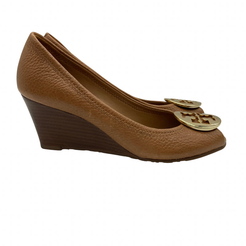 Load image into Gallery viewer, Tory Burch Brown Leather Peep Toe Wedges side view
