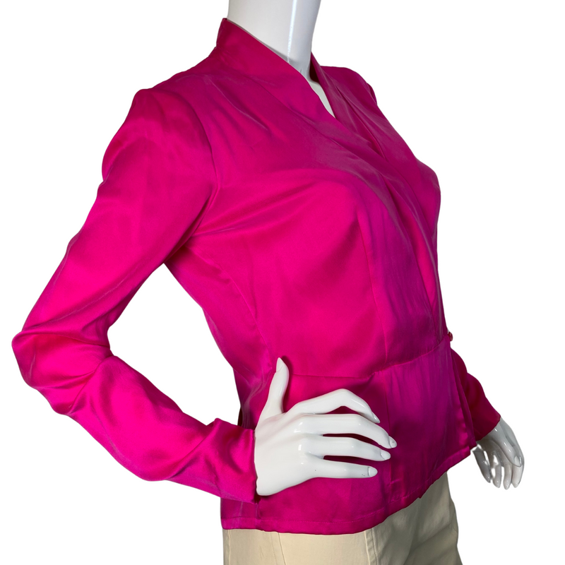 Load image into Gallery viewer,  Dana Buchman Silk Fuchsia Blouse item for sale is a women’s blouse made of satin fabric, featuring a vibrant magenta/pink color - side view
