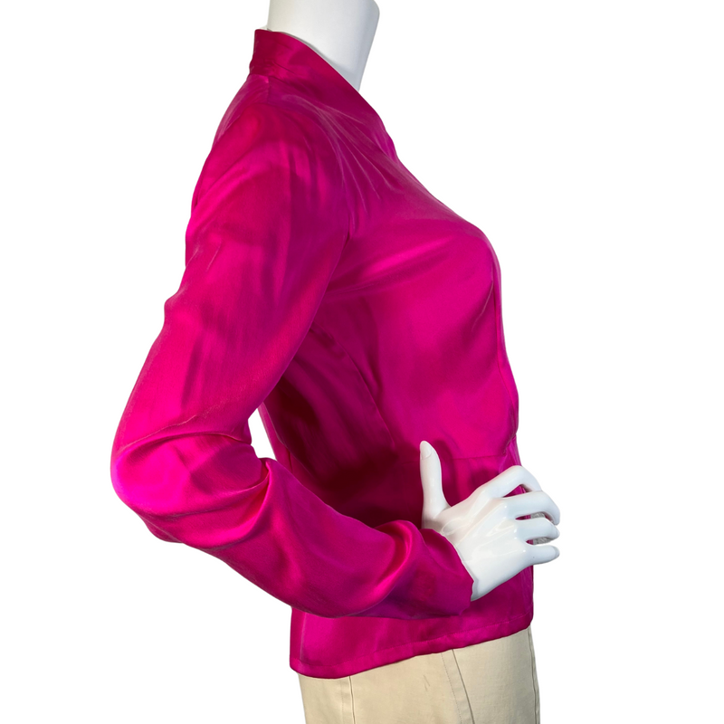 Load image into Gallery viewer,  Dana Buchman Silk Fuchsia Blouse item for sale is a women’s blouse made of satin fabric, featuring a vibrant magenta/pink color - side view
