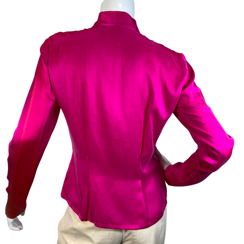 Load image into Gallery viewer,  Dana Buchman Silk Fuchsia Blouse item for sale is a women’s blouse made of satin fabric, featuring a vibrant magenta/pink color - backside view
