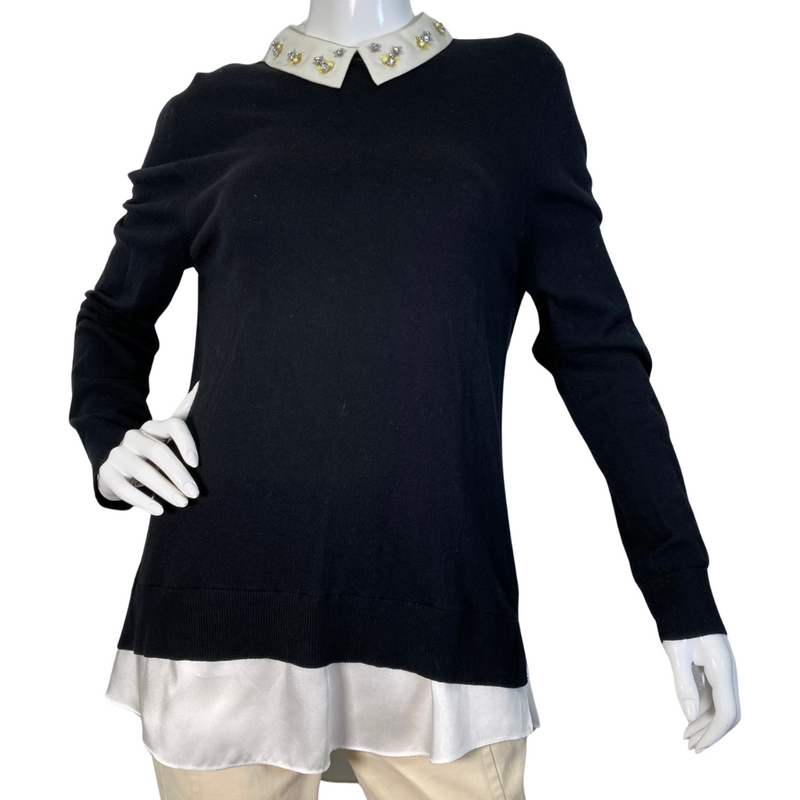 Load image into Gallery viewer, ed Baker Black Top with White Decorated Collar item for sale is a women’s long-sleeve layered tunic top in a classic black color - front view
