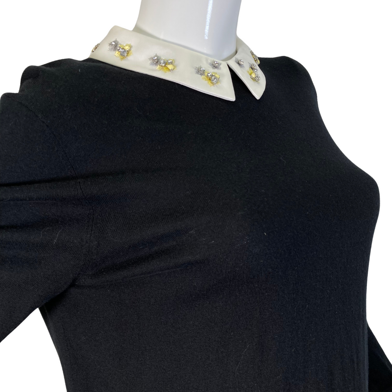 Load image into Gallery viewer, ed Baker Black Top with White Decorated Collar item for sale is a women’s long-sleeve layered tunic top in a classic black color - close-up view of the decorative collar
