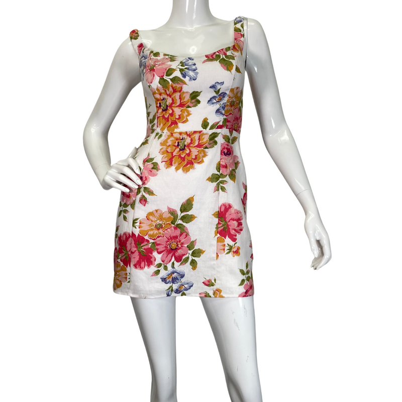 Load image into Gallery viewer, Sleeveless Reformation Colorful Floral Linien Mini Dress  front view
