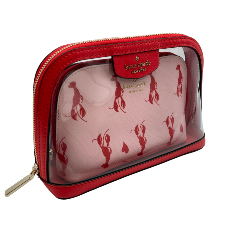 Load image into Gallery viewer, Kate Spade Dual Clear and Lobster Make-Up Bag Set featuring a bold red trim and a lobster-themed inner pouch
