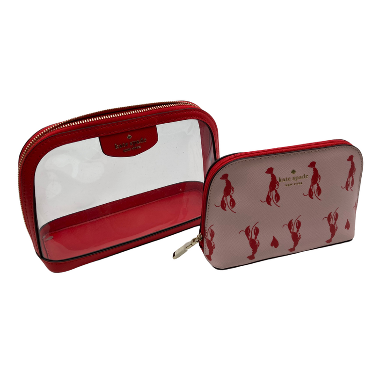 Load image into Gallery viewer, Kate Spade Dual Clear and Lobster Make-Up Bag Set featuring a bold red trim and a lobster-themed inner pouch
