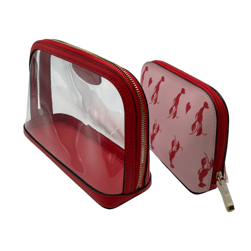 Load image into Gallery viewer, Kate Spade Dual Clear and Lobster Make-Up Bag Set featuring a bold red trim and a lobster-themed inner pouch
