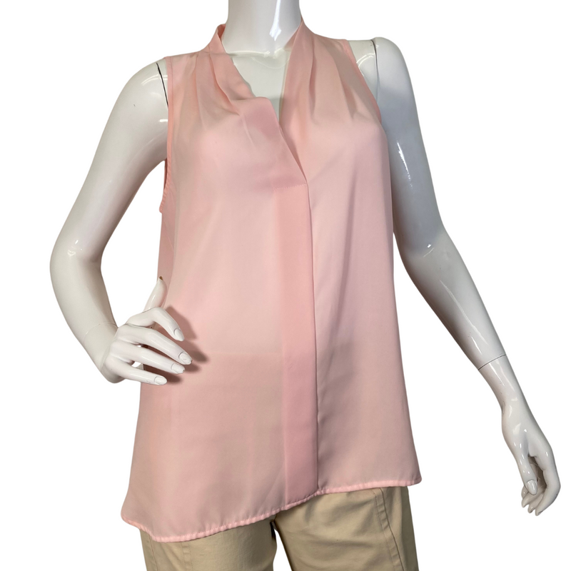 Load image into Gallery viewer, Vince Camuto Light Pink Sheer Sleeveless Blouse in a soft pastel pink color features a draped V-neckline with a relaxed, flowy fit - front view
