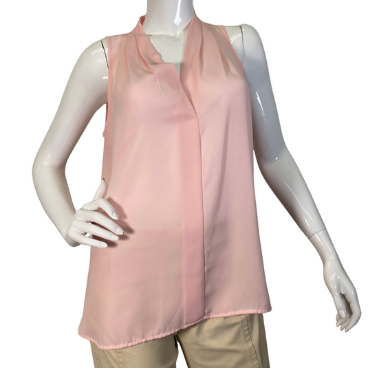 Vince Camuto Light Pink Sheer Sleeveless Blouse in a soft pastel pink color features a draped V-neckline with a relaxed, flowy fit - front view